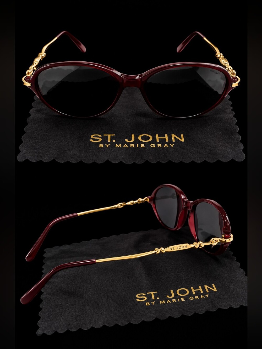 Rare Vintage 80s ST. JOHN by Marie Gray Burgundy & Gold Chain Sunglasses w/ Case